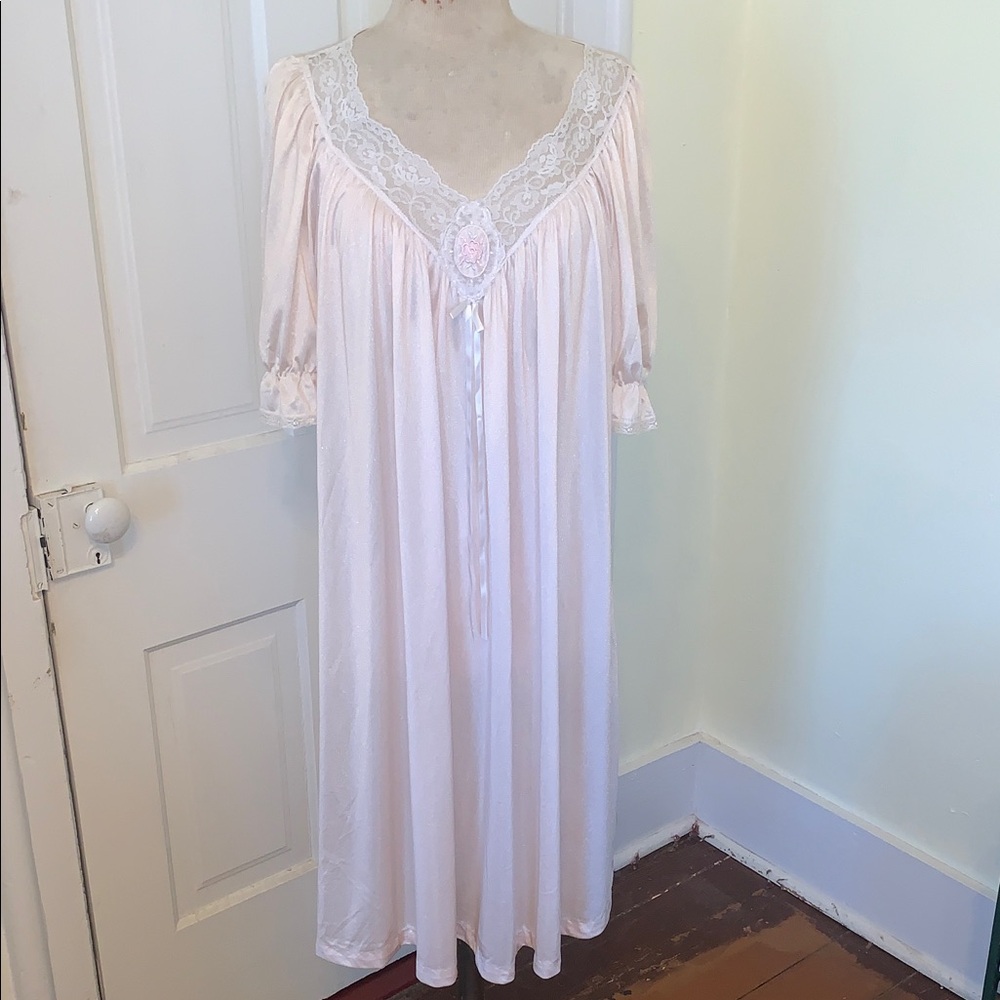 Vintage Sears Pink Blush Midi Silky Nightgown Boudoir Lace Trim Nightie 18W-26W